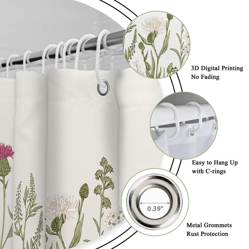Riyidecor Fabric Green Leaves Shower Curtain for Bathroom Decor 60Wx72H Inch Floral Flower Botanical Wildflower Decorative Bath Set Plant Herbs Bathroom Accessories Polyester Waterproof 12 Pack Hooks - Image 5